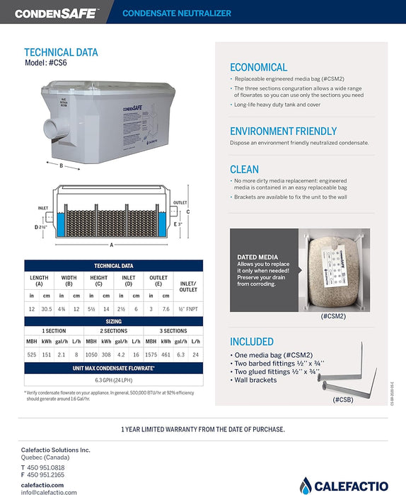 Calefactio CS6 CondenSAFE condensate Neutralizer kit for Residential condensing Gas Boiler, Water Heater and Other Gas Heating Devices - 2.1-6.3 GPH 525-1575K BTU Treatment Capacity